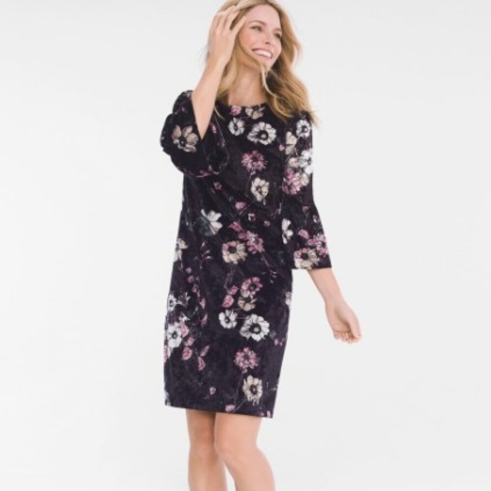 Chico’s Velvet Floral Shift Dress In Black & Pink